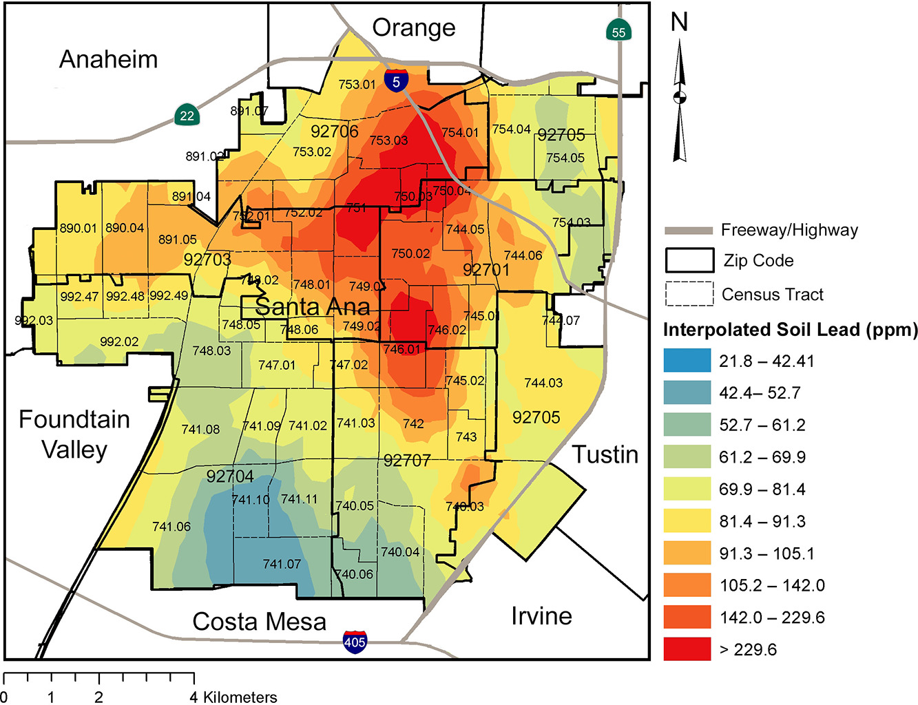Soil lead map of Orange County showing high levels within Santa Ana and lower levels in Costa Mesa, Irvine, Tustin