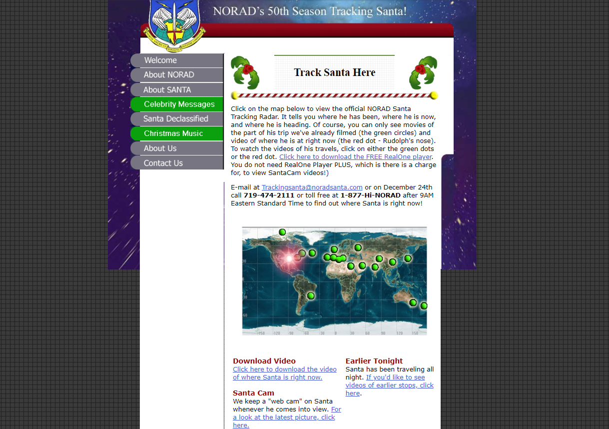 Screenshot of NORAD Santa Tracker page from December 2004 showing map and links to learn more