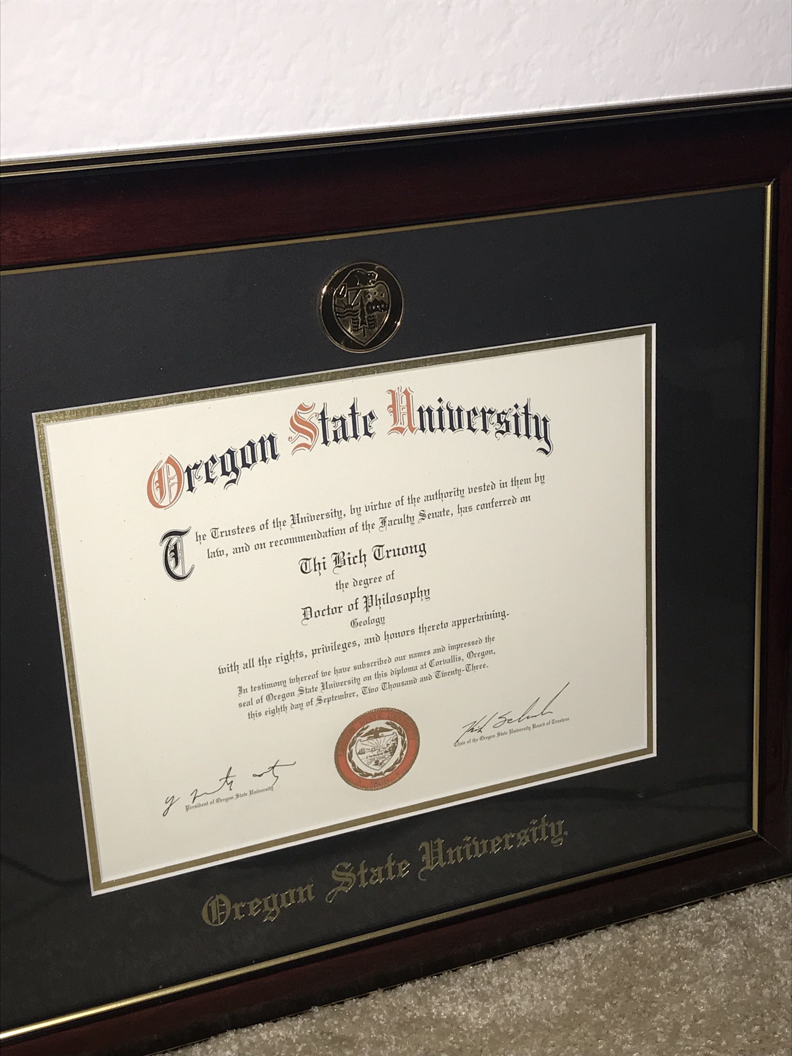 Oregon State University diploma for Thi Truong degree of PhD in Geology