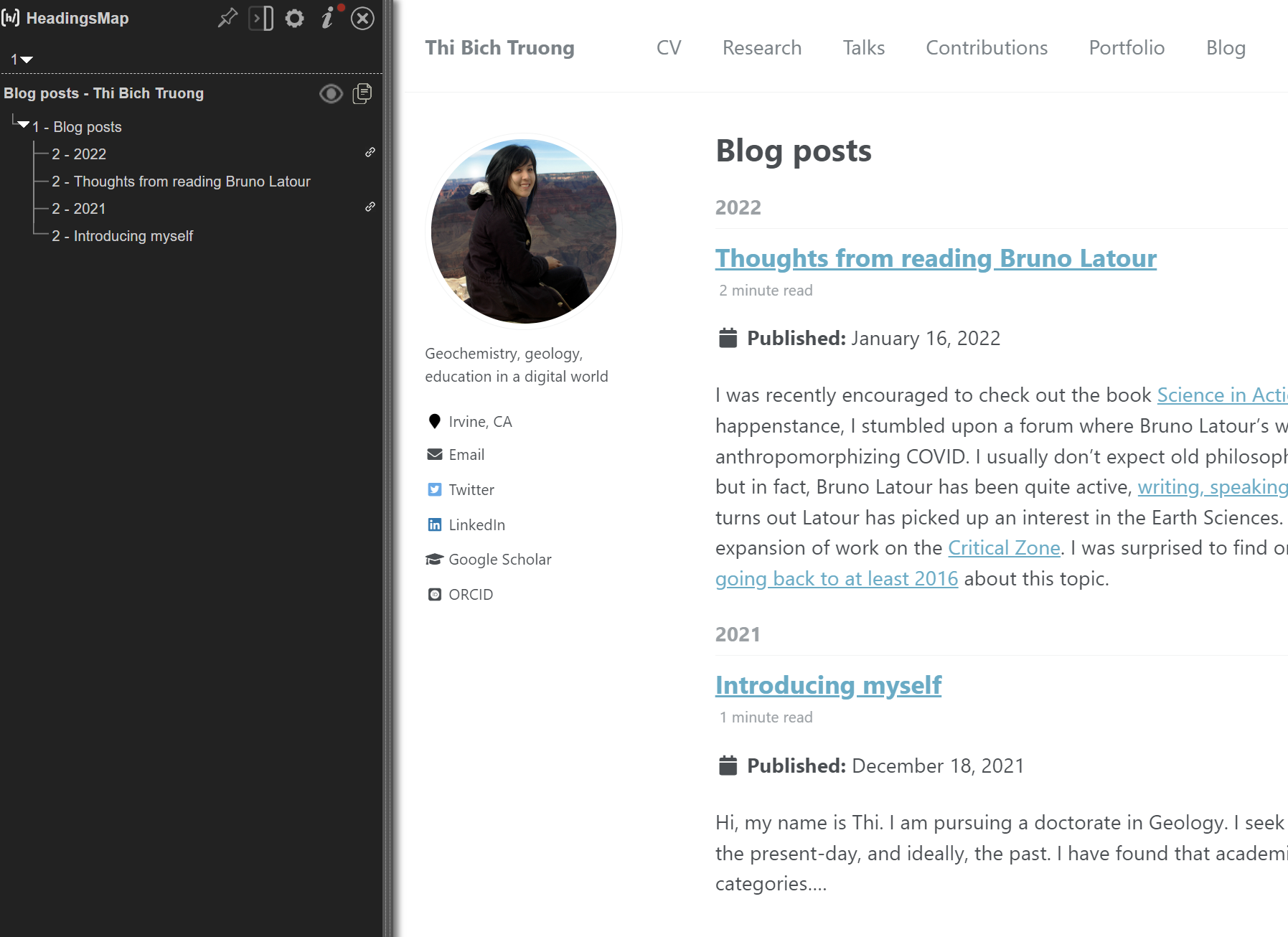 Screenshot of blog posts page with information from HeadingsApp extension