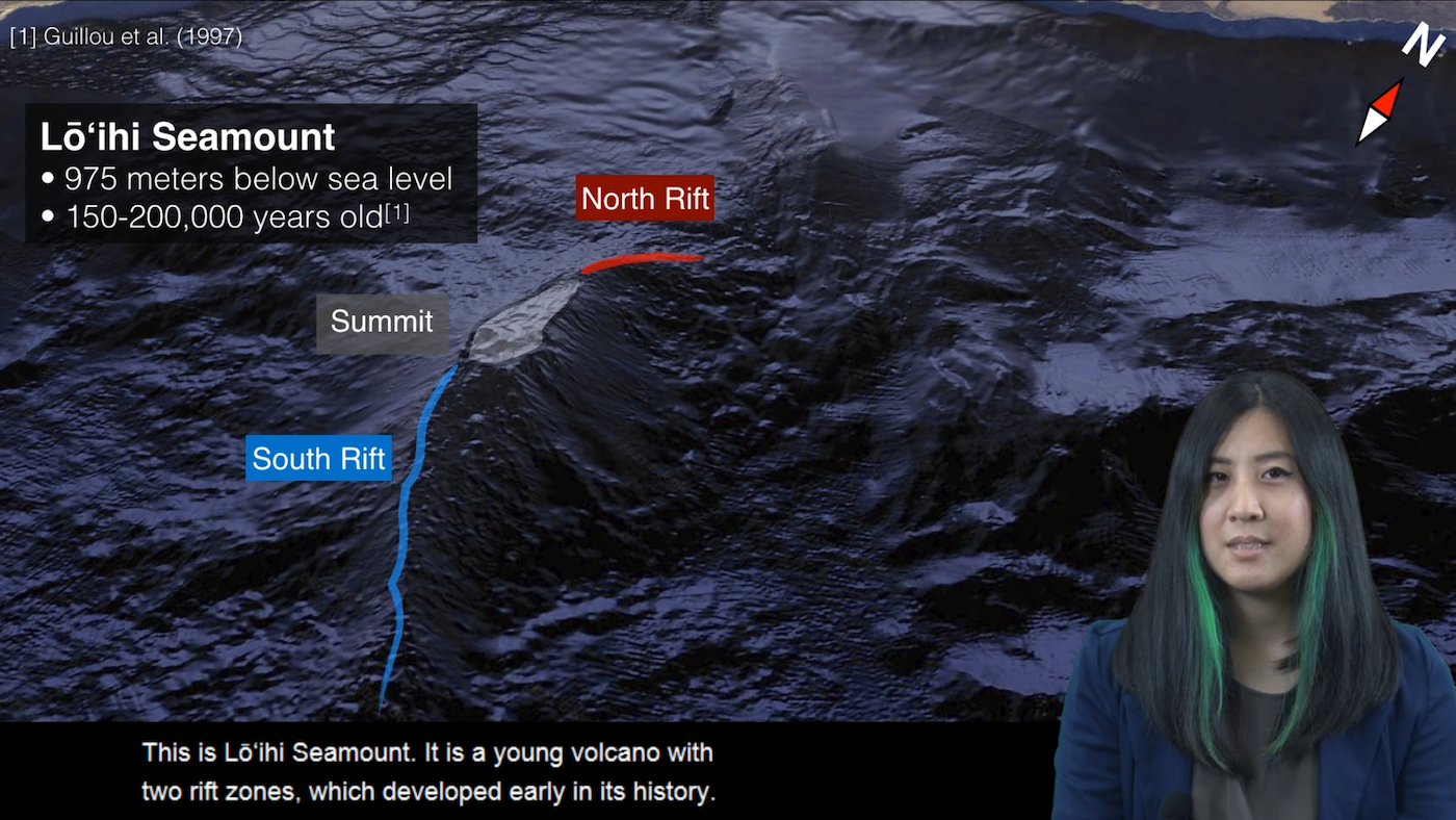 Thumbnail of YouTube Video showing Google Earth view of Lō‘ihi Seamount, an underwater Hawaiian volcano. Text inset states: Lō‘ihi Seamount: 975 meters below sea level, 150-200,000 years old (with reference to Guillou et al., 1997). Compass direction states that this view is nearly facing towards the North, perhaps 10 degrees to the East. An irregular volcano structure stands out from the rest of the seafloor. The shallowest, slightly flat area is annotated in grey and labeled 'summit'. There is a short, red line emanating from the summit, labeled, 'North Rift'. An even longer blue line emanates to the south from the summit, labeled 'South Rift'. The caption on this screen says, This is Loihi Seamount. It is a young volcano with two rift zones, which developed early in its history. Presenter Thi Truong is visible in corner.
